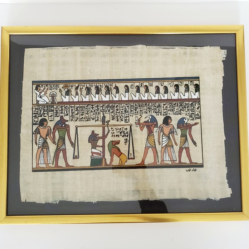 Handmade Papyrus Egyptian Framed Wall Art Minimalist Gold Frame | Artist Signed